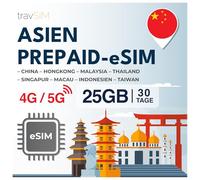 travSIM eSIM Asie | 30 jours - 25 Go de données eSIM | Utilisation à Macao, Chine, Hong Kong, Malaisie, Thaïlande, Singapour et plus | Accès Internet à Google, Facebook, Whatsapp et plus | Pas de