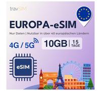 travSIM eSIM Europe | 15 jours - 10 Go | eSIM Europe, utilisation en Allemagne, France, Espagne, Italie, Pays-Bas, et plus | Accès à Google, Facebook, Whatsapp et plus | Pas de frais d'itinérance