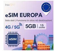 travSIM eSIM Europe | 15 jours - 5 Go | eSIM Europe, utilisation en Allemagne, France, Espagne, Italie, Pays-Bas, et plus | Accès à Google, Facebook, Whatsapp et plus | Pas de frais d'itinérance