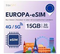 travSIM eSIM Europe | 30 jours - 15 Go | eSIM Europe, utilisation en Allemagne, France, Espagne, Italie, Pays-Bas, et plus | Accès à Google, Facebook, Whatsapp et plus | Pas de frais d'itinérance