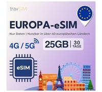 travSIM eSIM Europe | 30 jours - 25 Go | eSIM Europe, utilisation en Allemagne, France, Espagne, Italie, Pays-Bas, & plus | Accès à Google, Facebook, Whatsapp et plus | Pas de frais d'itinérance