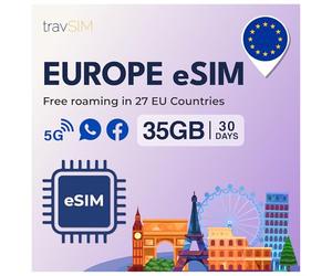 travSIM eSIM Europe | 35GB Data à des Vitesses 4G/5G | Data Only eSIM | Utiliser la eSIM Europe dans 27 Pays de l'UE | Plan sur la eSIM pour l'europe valable Pendant 30 Jours