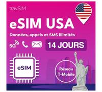 travSIM eSIM USA | Réseau T-Mobile | Données, appels et SMS illimités aux États-Unis | e-SIM américaine Compatible avec Les appareils iOS et Android compatibles eSIM | e SIM prépayée 14 Jours
