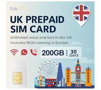 travSIM UK SIM Card | 200GB de données + Appels & Textes illimités | Vitesses 4G/5G | Fonctionne dans Tout Le Royaume-Uni | La Carte SIM UK est valable 30 Jours