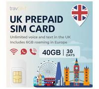 travSIM UK SIM Card | 40GB de données + Appels & Textes illimités | Vitesses 4G/5G | Fonctionne dans Tout Le Royaume-Uni | La Carte SIM UK est valable 30 Jours