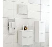 Traylux Ensemble de meubles de salle de bain en bois blanc avec lavabo, miroir, armoire basse et armoire midi pour salle de bain moderne, robinet et bonde de vidage, idéal pour rangement et lavabo