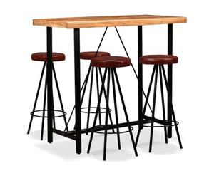 Traylux Ensemble de salle à manger 5 pièces en bois d'acacia massif et cuir véritable pour salle à manger de style maison de campagne moderne, groupe de table avec table à manger extensible, banc et