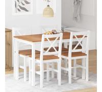 Traylux Ensemble de salle à manger marron et blanc avec 4 chaises et table en pin massif, ensemble de salle à manger peu encombrant pour dîner de famille, petit déjeuner, décoration moderne et vintage
