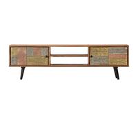Traylux Meuble TV en bois d'acacia massif 140 × 30 × 40 cm avec 2 compartiments et portes, buffet bas pour salon, commode de rangement avec accents décoratifs en métal