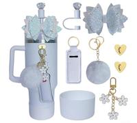 Trayneel Lot de 8 accessoires de tasse à eau pour gobelets de 887 ml et 1200 ml avec nœud pailleté, pompon et fleur - Porte-clés en silicone pour cuisine, salle à manger, maison (blanc)