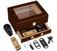 TRBIHCX Cave à cigares verrouillable | Cave à cigares avec dessus en verre doublé en bois de pêche | Hygromètre monté sur le devant, tiroir d'accessoires, ensemble complet d'accessoires | Peut