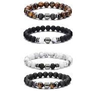TREABEAR 4Pcs Bracelet Pierre Naturelle Homme Avec Coffret Cadeau, Bracelet Homme, Bracelet Chakra, Bracelet Oeil de Tigre Femme,Naturelle Bracelet Perles, Bracelet Pierre de Lave