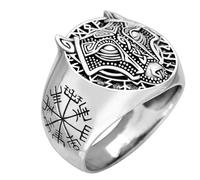 Treasure Bay Chunky Wolf Ring for Men, Nordic Viking Odin Wolf Skull Ring - Men 925 Sterling Silver Fenrir Ring Norse Viking Rings (57)