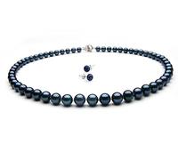 TreasureBay Parure de bijoux pour femme avec collier et boucles d'oreilles à tige en perles d'eau douce noires, qualité AA 8-9 mm, 19In/48cm, Perle, Perle