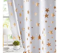 Treatmentex Lot de 2 rideaux occultants à œillets et isolation thermique pour chambre à coucher et salon Motifs d'étoiles Blanc/doré 137 cm