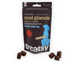 Treatsy Glandes Anales Chien - Complément Vétérinaire Scooting & Vidange Naturelle - Son de Drêche, Pectine de Pomme, Prébiotiques FOS - 30 Bouchées - Hypoallergénique