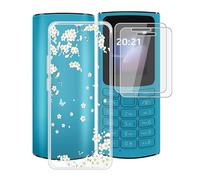 TREBAM Coque pour Nokia 105 4G 2023 (1.8 ") avec 2 X Verre Trempé Protecteur D'écran, Transparent Antichoc Case TPU Bumper Souple Silicone Housse Etui pour Nokia 105 4G 2023 - Fleur Blanche
