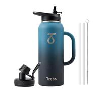 Trebo Bouteille d'eau de 1,16 l isotherme avec poignée - Grande carafe en acier inoxydable à double paroi - Bouteille de voyage avec couvercle à bec à paille - Gobelet avec pochette de transport -