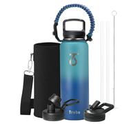 Trebo Bouteille d'eau isotherme de 1 200 ml avec couvercle et paille - Gobelet isotherme à triple paroi en acier inoxydable avec poignée en paracorde, garde au chaud 24 heures et au froid pendant 48
