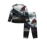 Tree And Volcanic Ensemble pyjama à manches longues pour femme Haut et pantalon pour le sommeil de nuit, Noir , M
