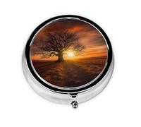Tree at Golden Sunset Pilulier rond imprimé avec 3 compartiments, mini pilulier portable pour médicaments, vitamines, huile de poisson, compléments