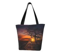Tree At Golden Sunset Sac fourre-tout en toile avec imprimé sur toute la surface, grand sac fourre-tout réutilisable avec double poignée, sac de plage, sac de week-end