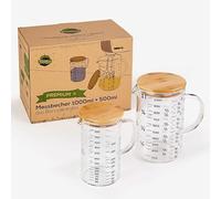 TreeBox Lot de 2 gobelets doseurs en verre de qualité supérieure - 1 l et 500 ml - En verre borosilicate robuste et résistant à la chaleur - Avec couvercle en bambou - Passe au micro-ondes - Pour la