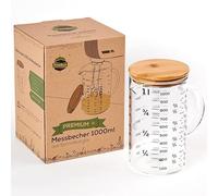 TreeBox Premium vaso medidor 1l, vaso medidor de vidrio, vaso medidor robusto y resistente al calor, de vidrio de borosilicato con tapa de bambú, apto para microondas, para hornear, cocinar y mezclar