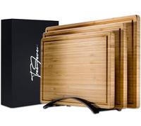 TreeFever Lot de 3 planches à découper en bambou avec support en aluminium élégant pour sécher - Planche à découper gastro avec rainure à jus - Cadeau (noir)