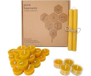 Treehouseco Lot de 20 bougies chauffe-plat en cire d'abeille pure, 2 bougies coniques en nid d'abeille et 4 supports en verre réutilisables - Bougies chauffe-plat longues et longues bougies - Cire