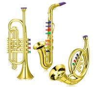 Treela Lot de 3 instruments de musique saxophone trompette et corne pour débutants 3 instruments de musique à vent et en laiton avec touches colorées codées pour garçons et filles (doré)
