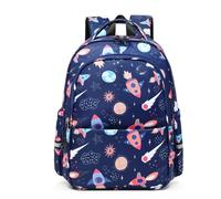 Treer 17L Sac a Dos Enfant, 3D Univers Cartable Fille Primaire, Cartable Garcon Primaire, Cartable Stitch en Nylon Imperméable Cartable pour 1-9e Année (Fusée Bleue 2,40x32x13cm)