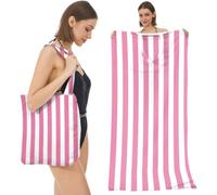 Treer 2 en 1 Serviette de Plage Sac, Fouta et Sac de Plage Convertible en Un, Drap de Plage Microfibre Séchage Rapide Pliable pour Vacances, Piscine, Voyage (Rayures Roses,80x160cm)
