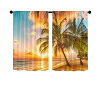 Treer 2 Pièces Rideaux Cuisine Brise-bise Courts Occultants avec Passe Tringle pour Petites Fenêtres, Impressions Plage Rideau Intérieurs Décoration pour Salle de Bain (Soleil couchant ,65x60cm)