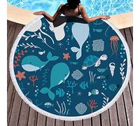 Treer 3D Serviette de Plage Ronde, Épaisse Microfiber Glands Décoratifs Tapis de Pique-Nique Portable Nappe Tapisserie Fleurs Plage Yoga Indien Châle (150x150cm,océan)