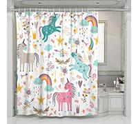 Treer Anti Moisissure Imperméable Rideaux de Douche et 12 Crochets, Rideaux pour Maison Salle de Bain Douche - Impression 3D de Licorne Colorée (Licorne de Dessin animé,150x180cm)