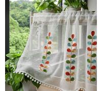 Treer Broderie Rideaux Cuisine Brise-bise Courts Semi Transparent, avec Passe Tringle pour Petites Fenêtres, Rideau Intérieurs Décoration pour Salle de Bain, Salon, Bistrot (Blanc,145x45cm)