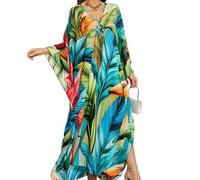Treer Cache Maillot de Bain Femme,Robe de Plage Cache Maillot Kaftan Femme Ete Grande Taille Bikini Cover Up V-Cou Elegante Swimsuit Cover Up Casual pour Fête (Feuille de bananier J,Taille Unique)