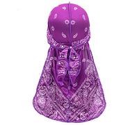 Treer Chapeau Durag en Soie avec Longue Queue, Unisexe Hip-Hop Imprimé Paisley Mode Hommes Femmes Pirate Casquette Turban Bonnet Multicolore Headwraps (Violet,100cm)