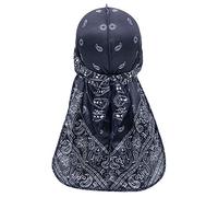 Treer Chapeau Durag en Soie avec Longue Queue, Unisexe Hip-Hop Imprimé Paisley Mode Hommes Femmes Pirate Casquette Turban Bonnet Multicolore Headwraps (Bleu Foncé,100cm)