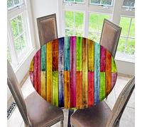Treer Grain de Bois Rétro Nappe Ronde,Nappes Rondes avec Bord Élastique, Nappe Exterieur Lavable,Nappes Polyester Anti Taches,Nappe de Table pour Cuisine Jardin Fête Table (120cm,Coloré)