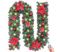 Treer Guirlande de Sapin Artificiel, Décoration de Noël Lumineuse Exterieur Intérieur LED a Pile 8 Modes à Distance Décor de Noël pour Cheminée Escalier Fenêtre Porte (Blanc Chaud,Rouge)