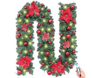 Treer Guirlande de Sapin Artificiel, Décoration de Noël Lumineuse Exterieur Intérieur LED a Pile 8 Modes à Distance Décor de Noël pour Cheminée Escalier Fenêtre Porte (Blanc Chaud,Rouge)