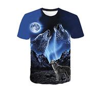 Treer Homme Manches Courtes 3D Animal Imprimé, Été Tee Shirts Tops Unisexe Col Rond Décontractée T-Shirt Respirant Casual Sports Blouse Tops S-5XL (Nuit Loup,L)