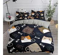 Treer Housse de Couettes 3 pièces Parure de Lit 2 Personnes, 3D Chat Imprimé Adulte Enfant Microfibre Ensemble de Literie avec Housses de Couettes Taies d'oreillers (Noir,200x200cm)