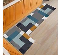 Treer Impression 3D Tapis de Cuisine Antidérapant et Lavable, Géométrie Marbre de Mode Paillasson d'Entrée Devant Evier Tapis de Sol Tapis pour Chambre à Coucher,Salon (50x160cm,Carré Bleu)