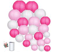 Treer Lanternes de Papier Colorées, 24pcs Décorations Chinoises en Papier Suspendu pour Lanternes à Boule Lampes Fête de Noël Décoration de Mariage (Rose)