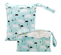 Treer Lot de 2 Sac à Couches Lavable Réutilisable Imperméable, Wetbag pour Couches Sec et Humide, Motifs d'animaux de Dessin Animé Sac de Rangement Fermeture éclair pour Voyage (Ours Polaire)