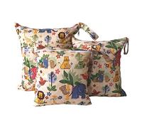 Treer Lot de 3 Sac à Couches Bébé, Dessin animé Lavables Etanche Réutilisables Sac de Rangement à Couches Organisateur des Couches pour Vêtements Sales, Hangable pour Chariot Bébé (zoo)