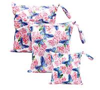 Treer Lot de 3 Sac à Couches Bébé, Etanche Lavables Réutilisables Sac de Rangement à Couches, Organisateur des Couches pour Vêtements Sales, Hangable pour Chariot Bébé (Papillon Bleu)